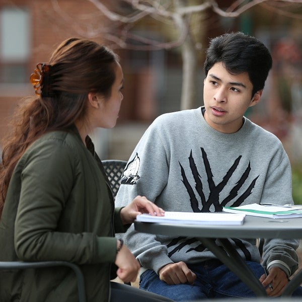 Two students talking over school work.